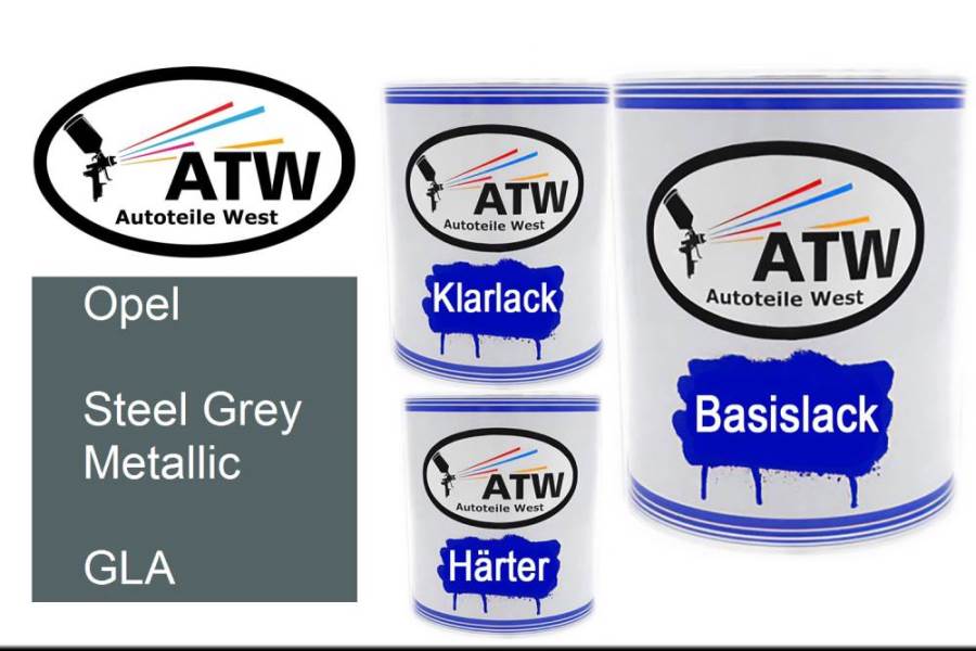 Opel, Steel Grey Metallic, GLA: 1L Lackdose + 1L Klarlack + 500ml Härter - Set, von ATW Autoteile West.